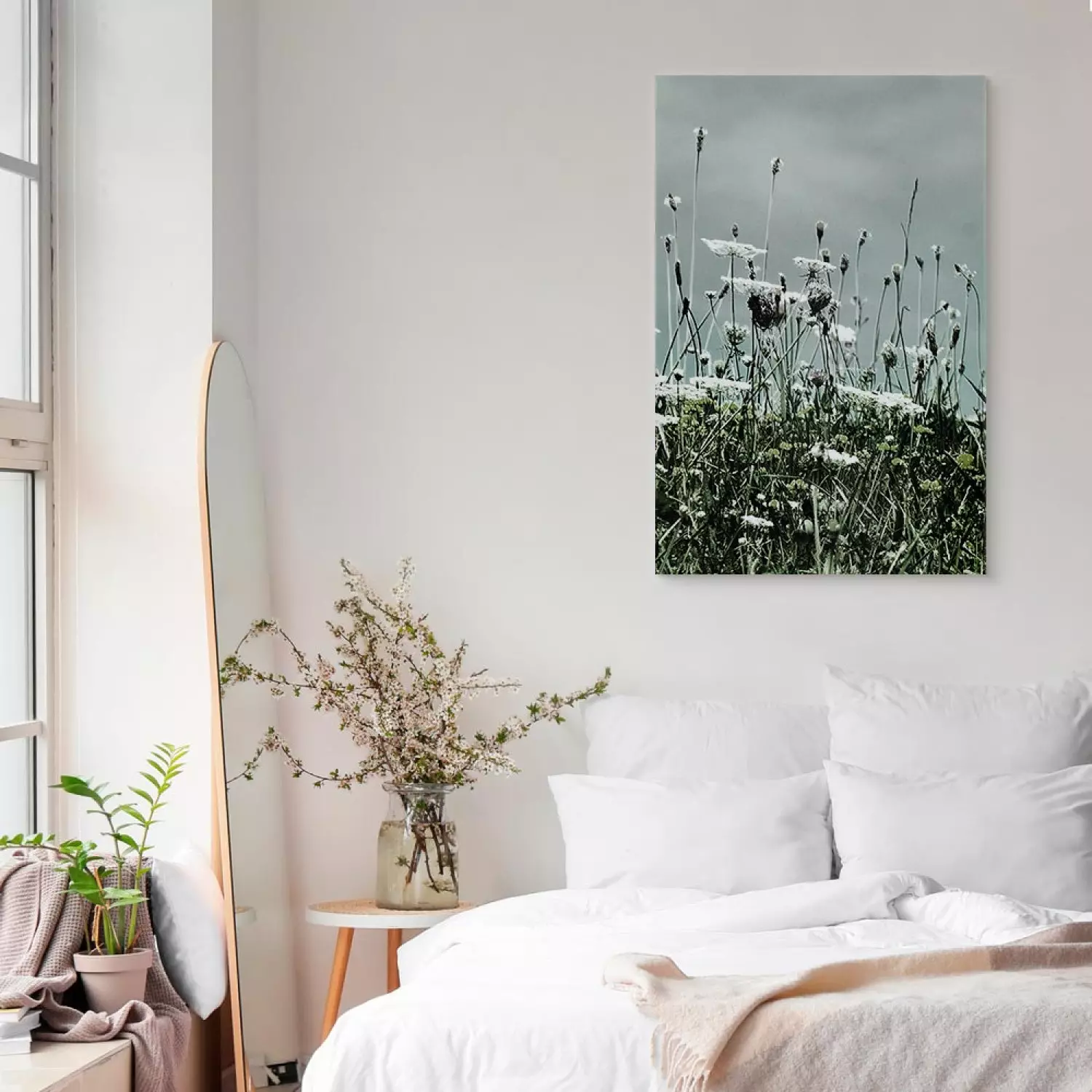 Canvas Field of white poppies - photo of landscape with gray sky