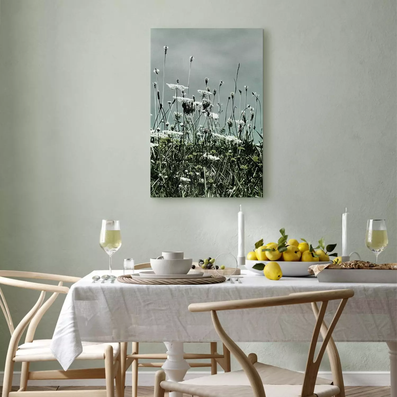 Canvas Field of white poppies - photo of landscape with gray sky
