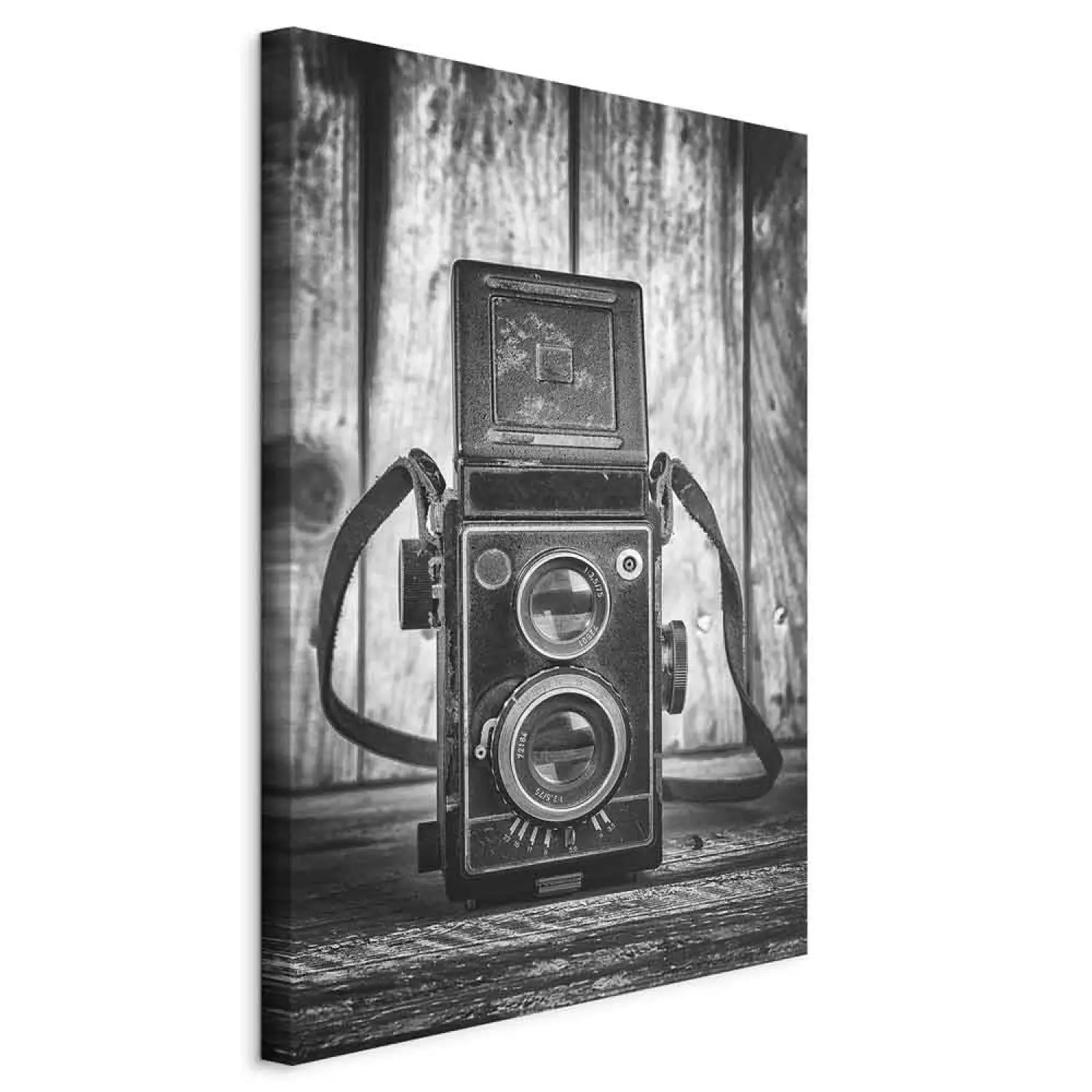 Canvas Art Print Old camera - black and white retro style composition with boards