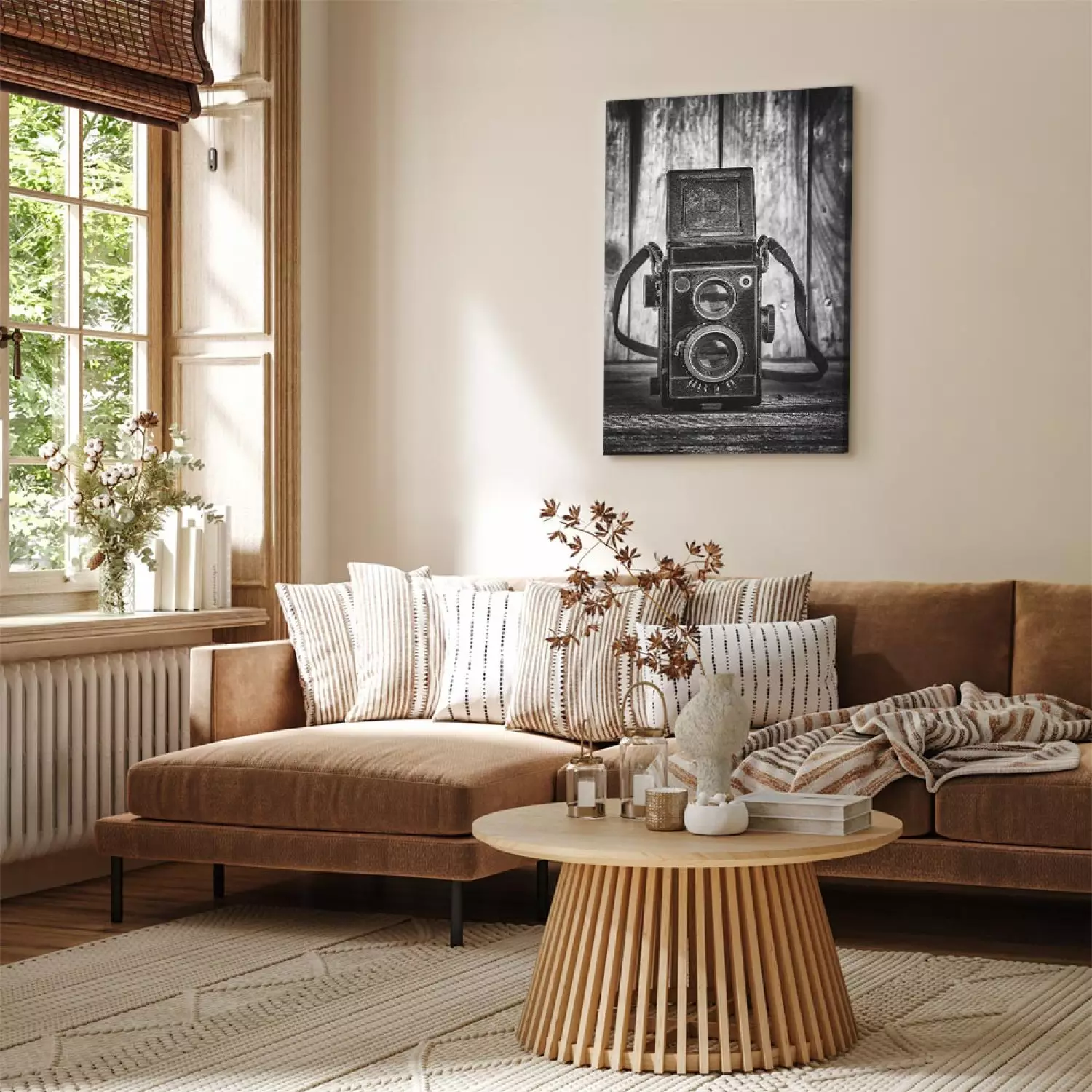 Canvas Art Print Old camera - black and white retro style composition with boards