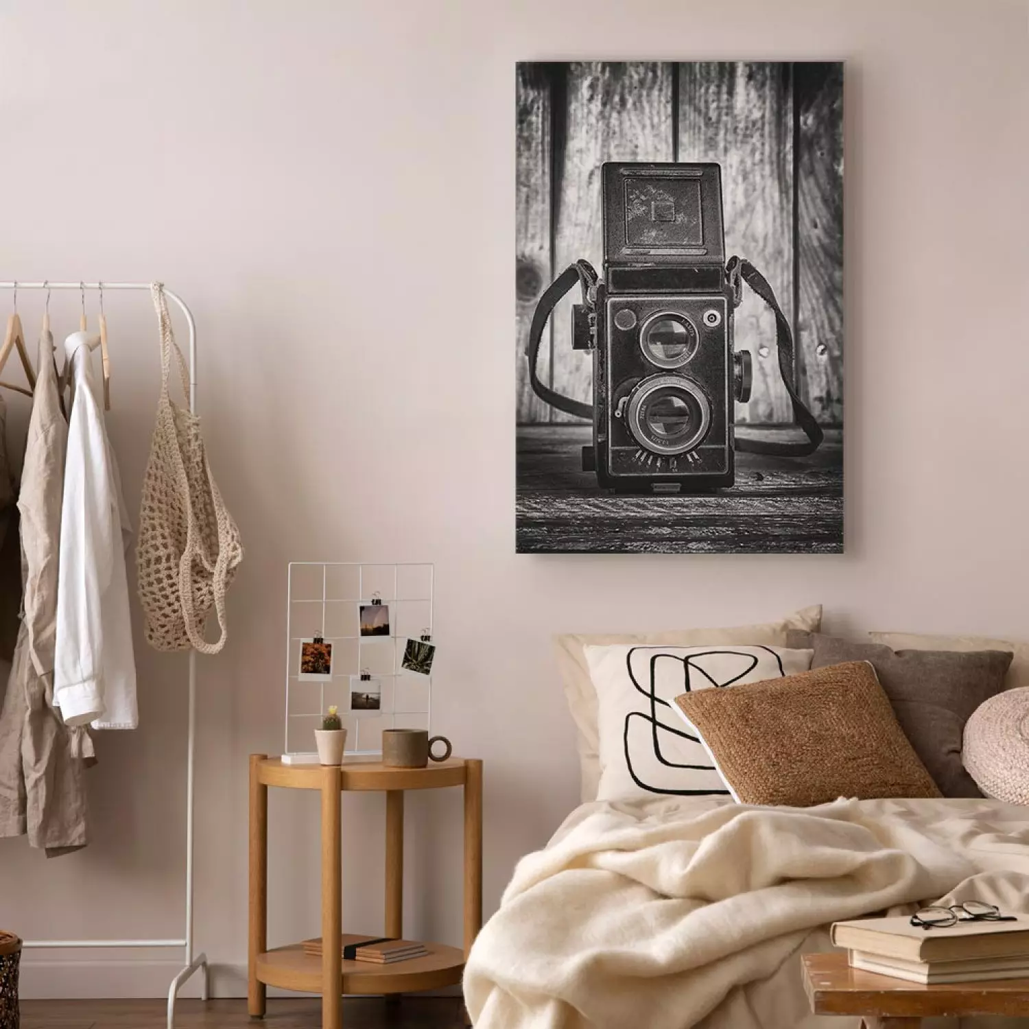 Canvas Art Print Old camera - black and white retro style composition with boards