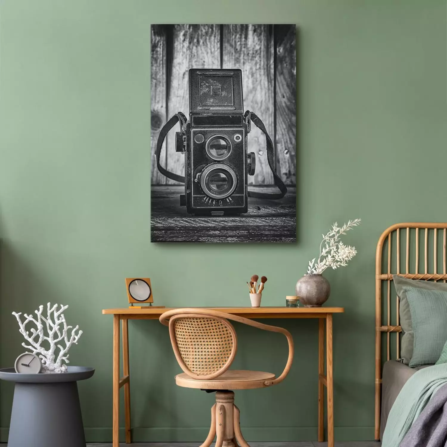 Canvas Art Print Old camera - black and white retro style composition with boards