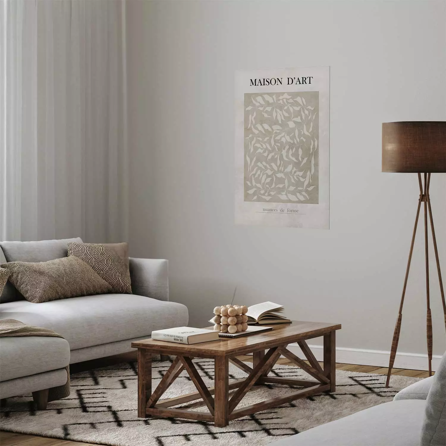Poster Art House - beige abstraction with leaves and text in scandi boho style