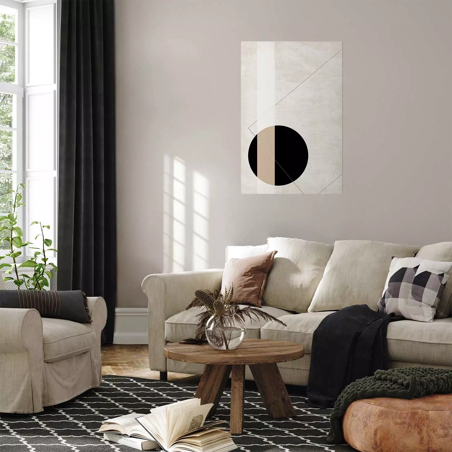 Poster Convergence Point - geometric abstraction with a black circle on a beige background