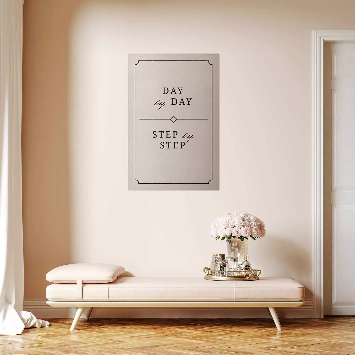 Poster Day by Day - simple composition with English text on a beige background