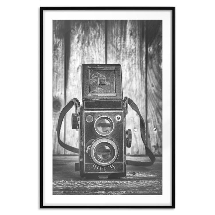 Poster Retro Dream - black and white composition with a phone on wooden planks background