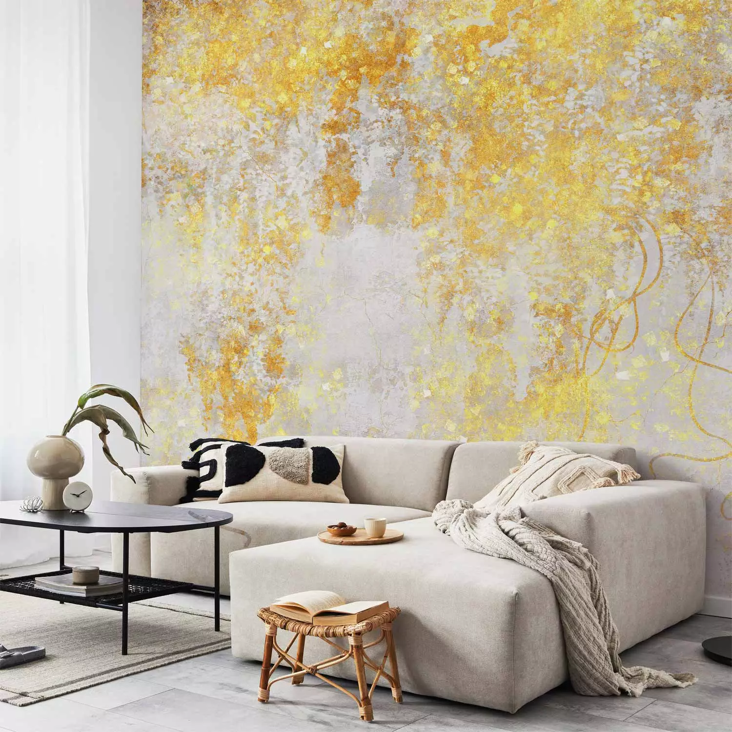 Photo Wallpaper Yellow Cascades - Organic Composition on a Gray Background