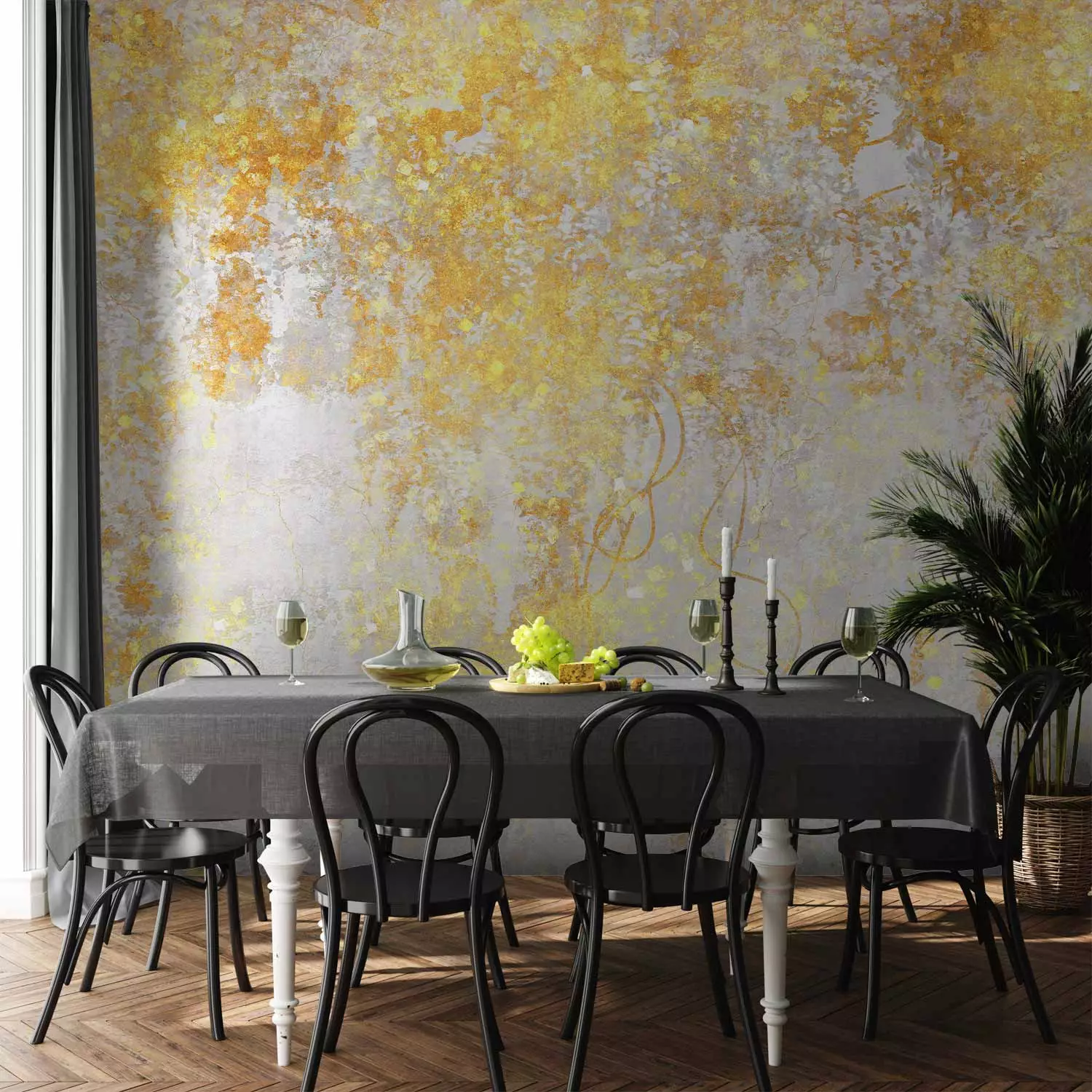 Photo Wallpaper Yellow Cascades - Organic Composition on a Gray Background