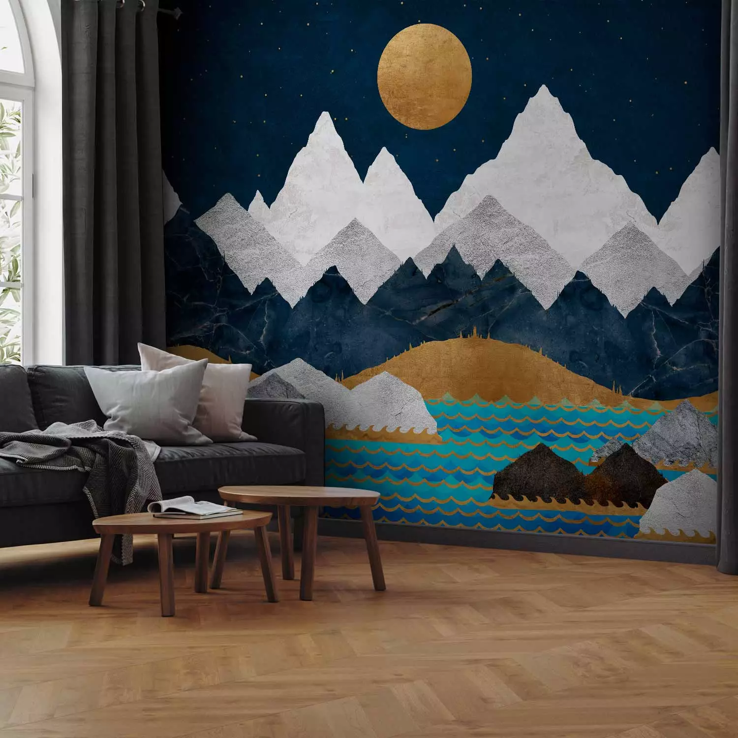Photo Wallpaper Drawing mountain landscape - Night landscape with mountains, Moon