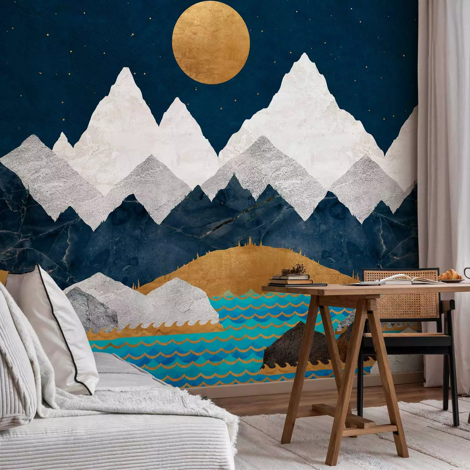 Photo Wallpaper Drawing mountain landscape - Night landscape with mountains, Moon