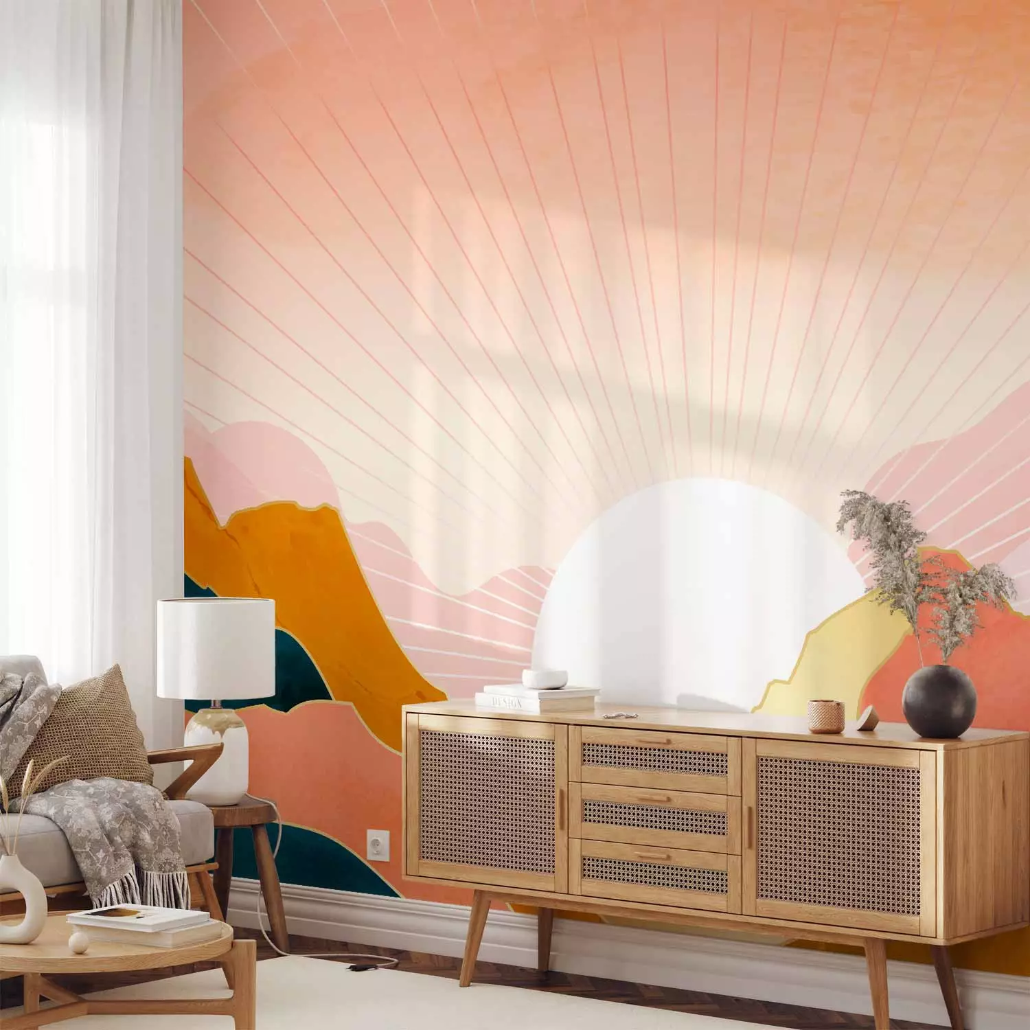Wall Mural Sunny landscape - sunrise over mountains in pink tones
