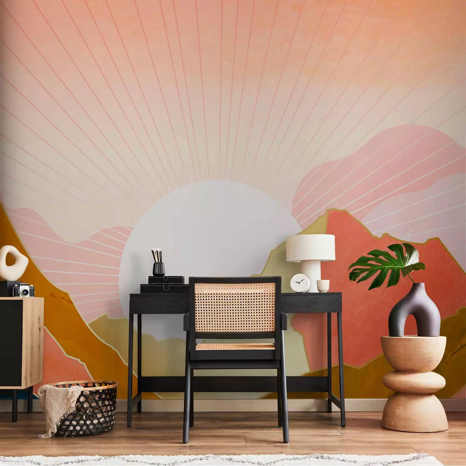 Wall Mural Sunny landscape - sunrise over mountains in pink tones