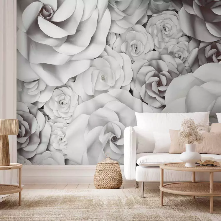Black and white roses buds - monochrome pattern with flower petals