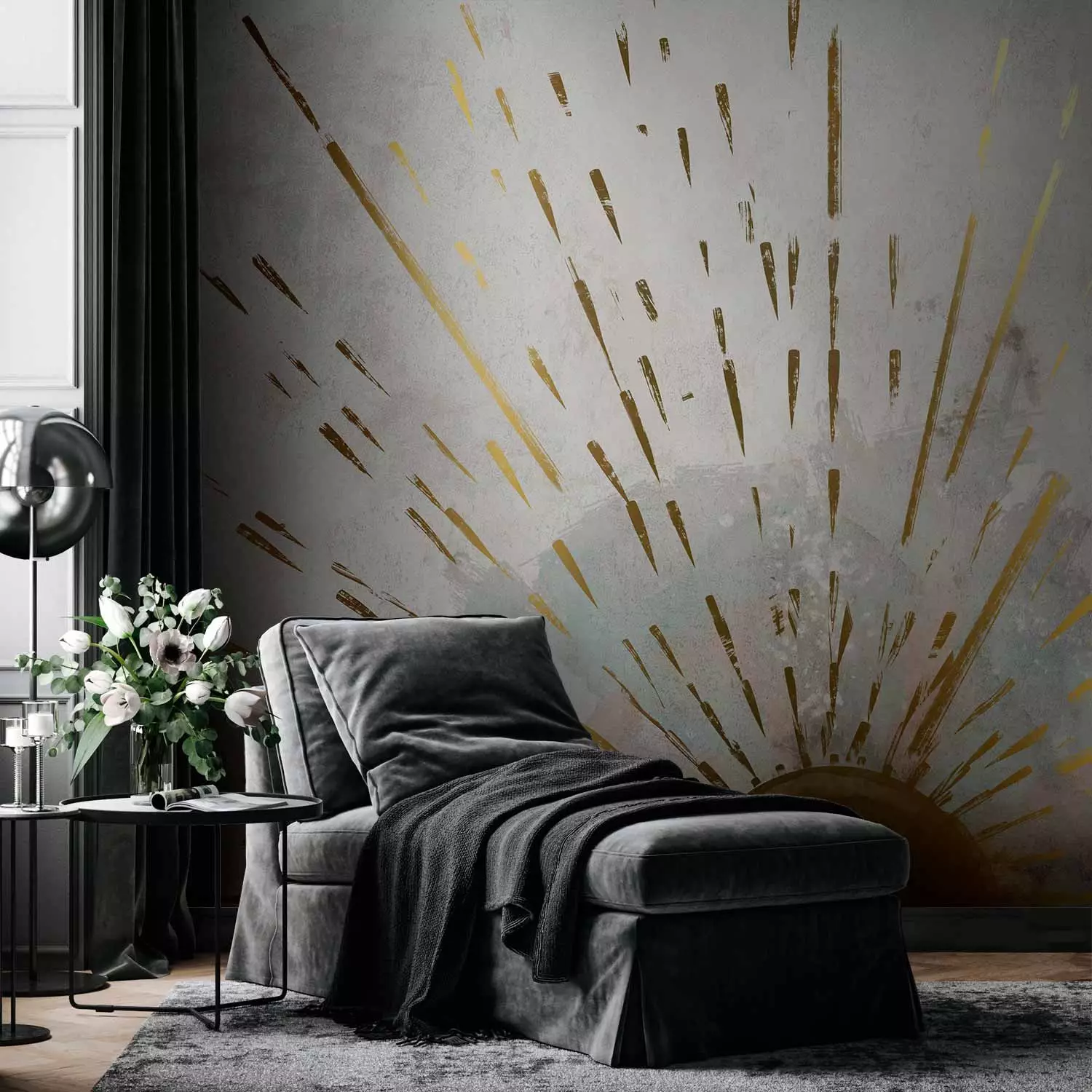 Photo Wallpaper Golden face of the rising Sun - abstraction on a gray background