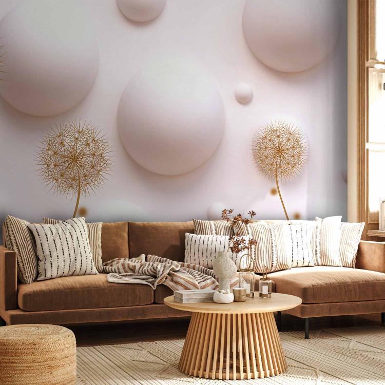 Wall Mural Sweet glaze - abstract bubbles resembling modern desserts in magnolia color with a golden dandelions motif