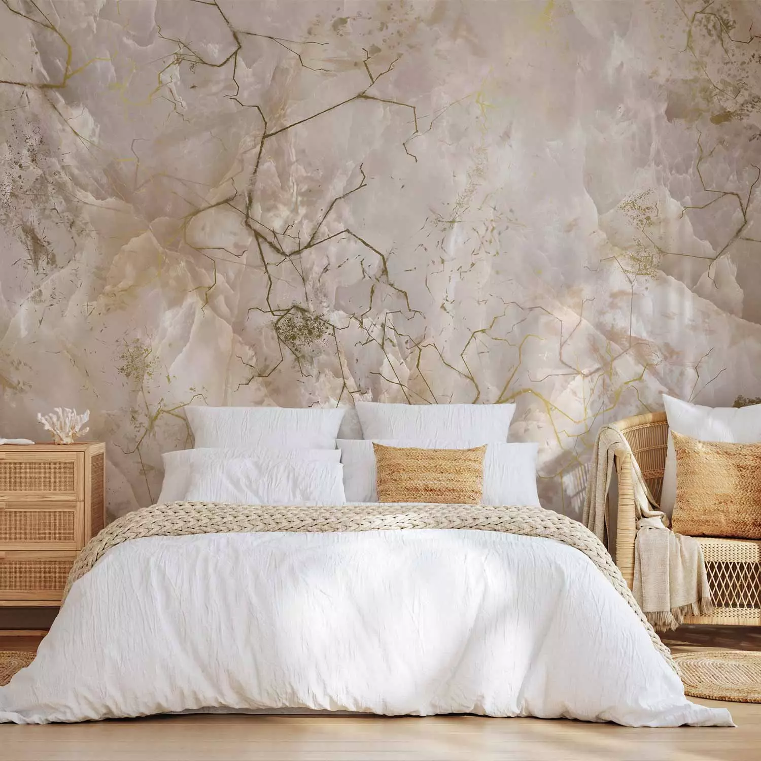 Wall Mural Abstract subtle background - light marble background with golden patterns