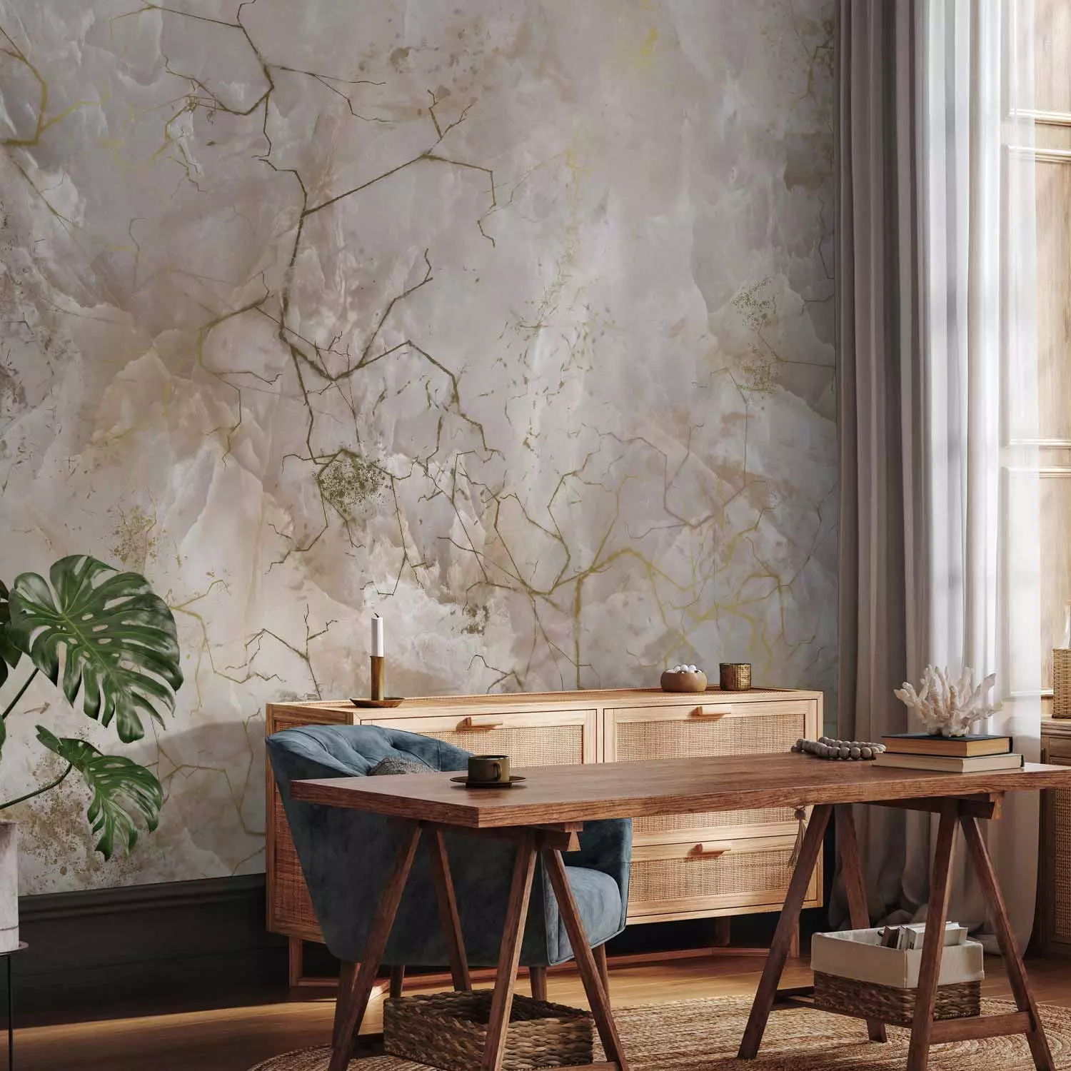 Wall Mural Abstract subtle background - light marble background with golden patterns