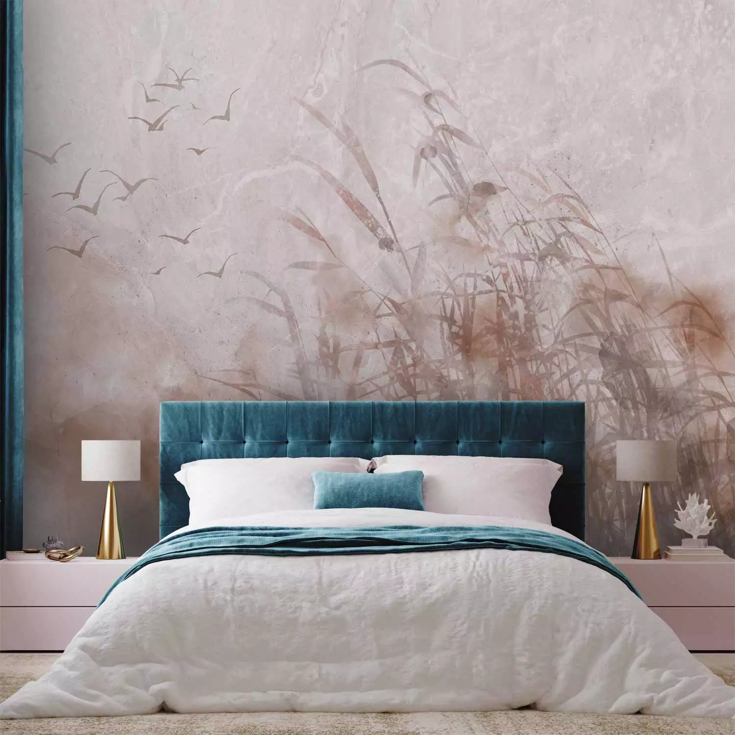 Wall Mural Minimalist landscape with birds - plant motif on beige background