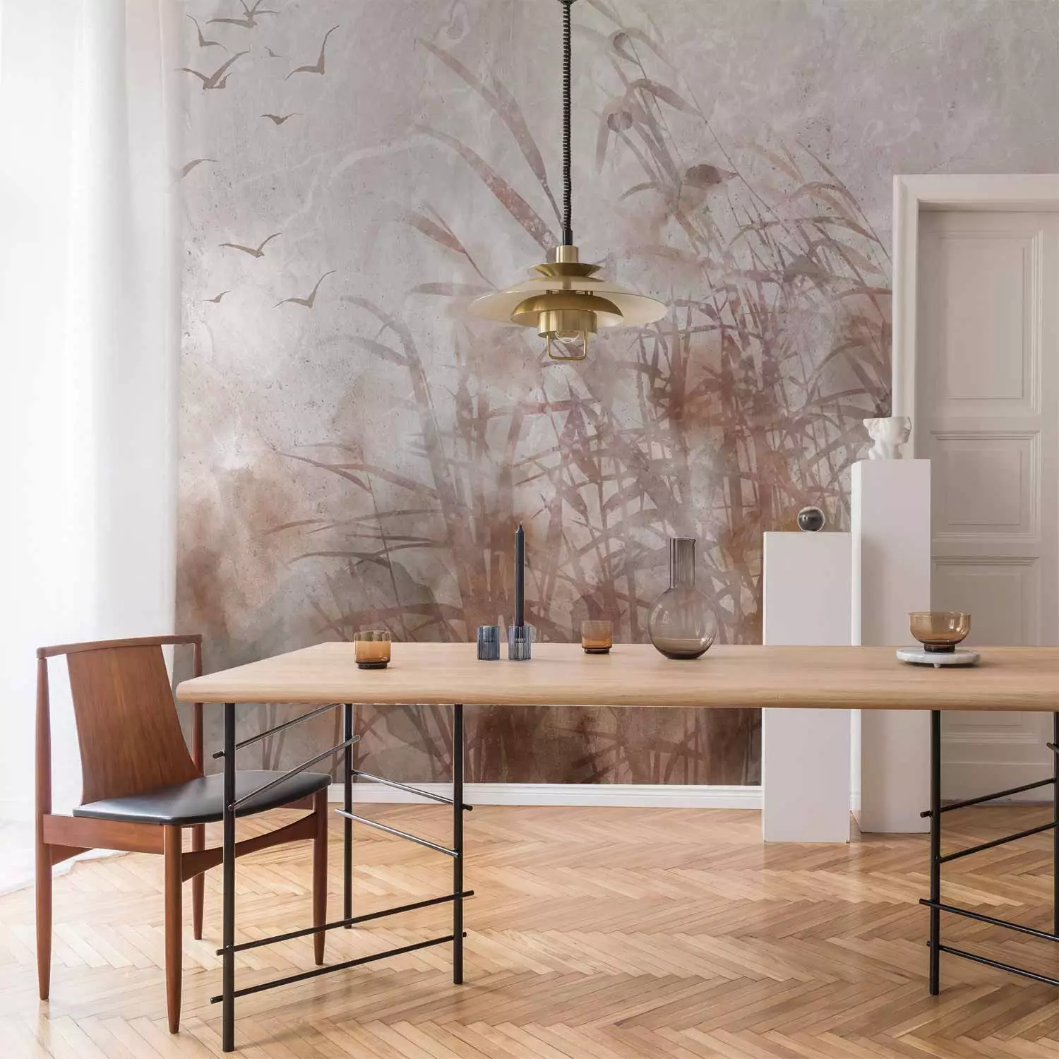 Wall Mural Minimalist landscape with birds - plant motif on beige background