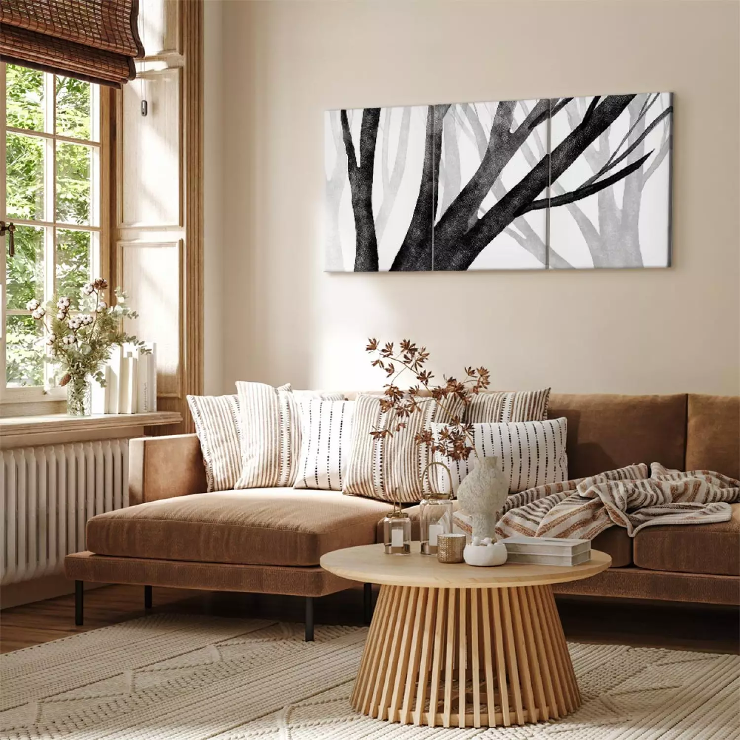 Canvas Print Forest Silence (3-piece) - black and white composition with bare trees