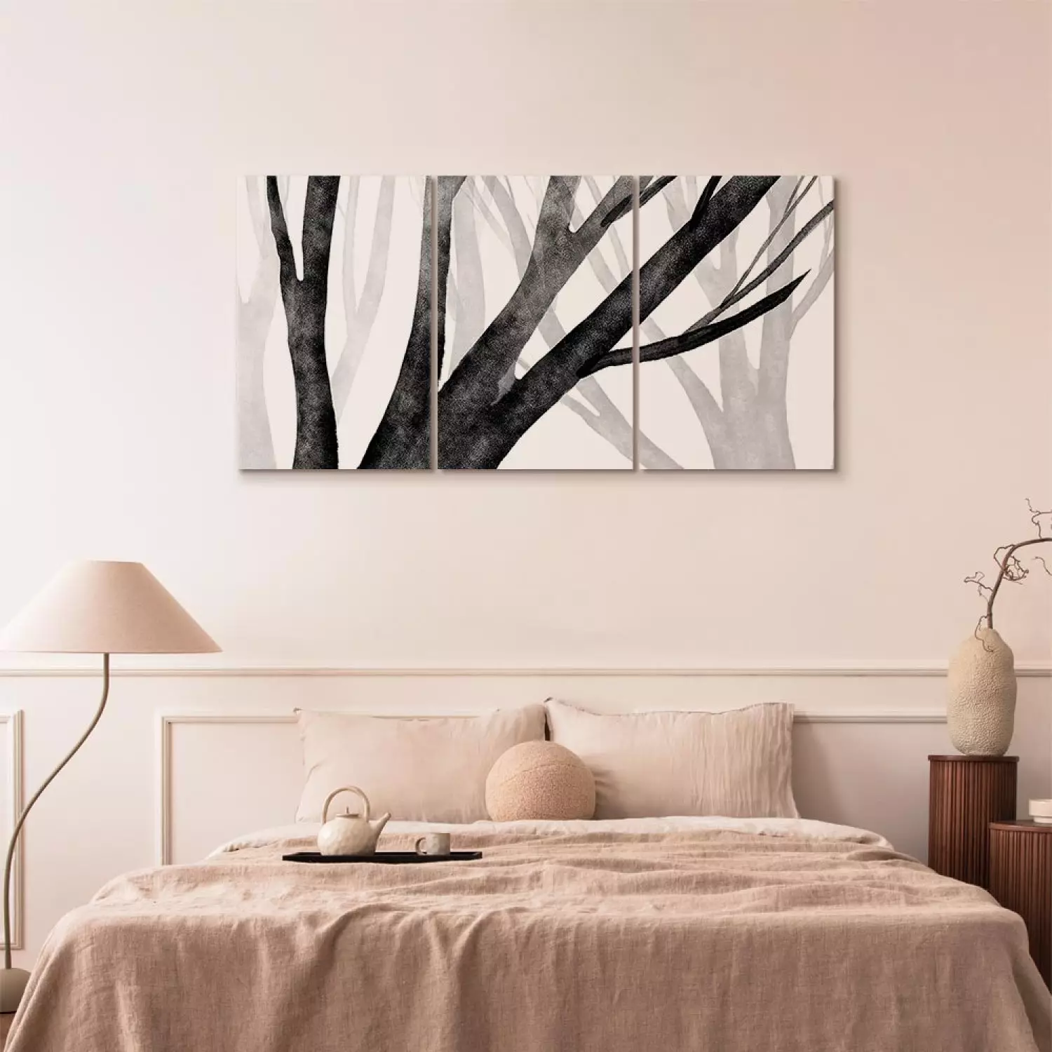 Canvas Print Forest Silence (3-piece) - black and white composition with bare trees