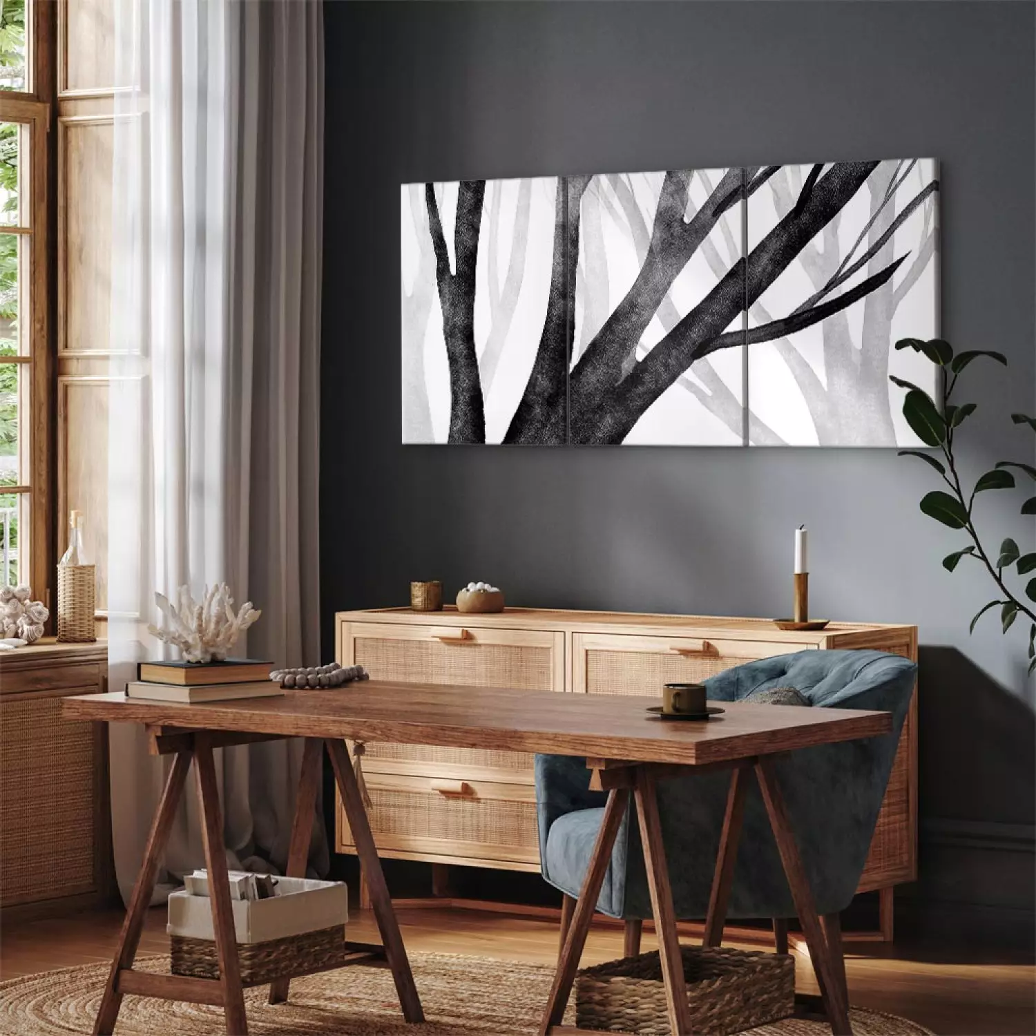 Canvas Print Forest Silence (3-piece) - black and white composition with bare trees