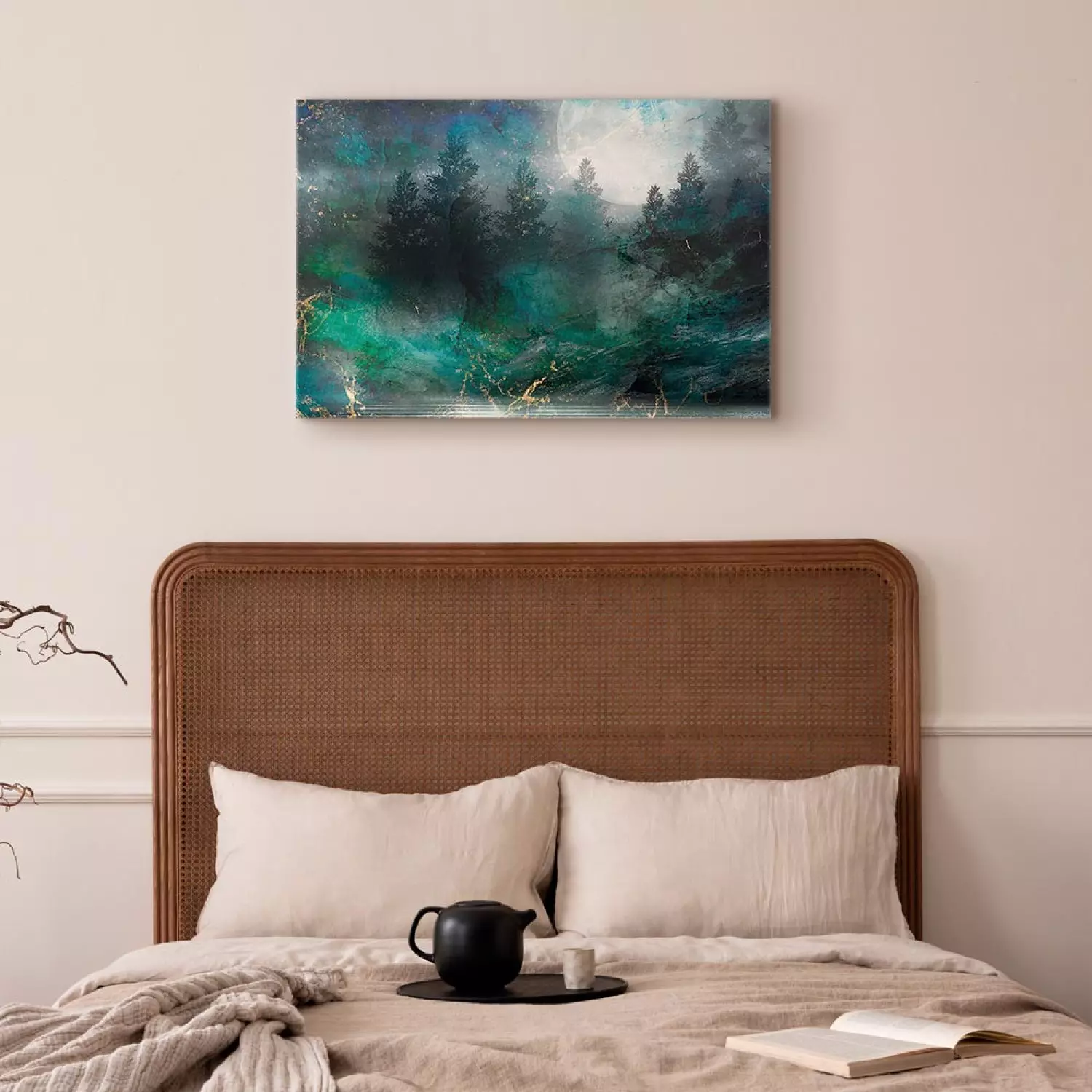 Canvas Art Print Turquoise Fullness Wide - coniferous forest against the moon