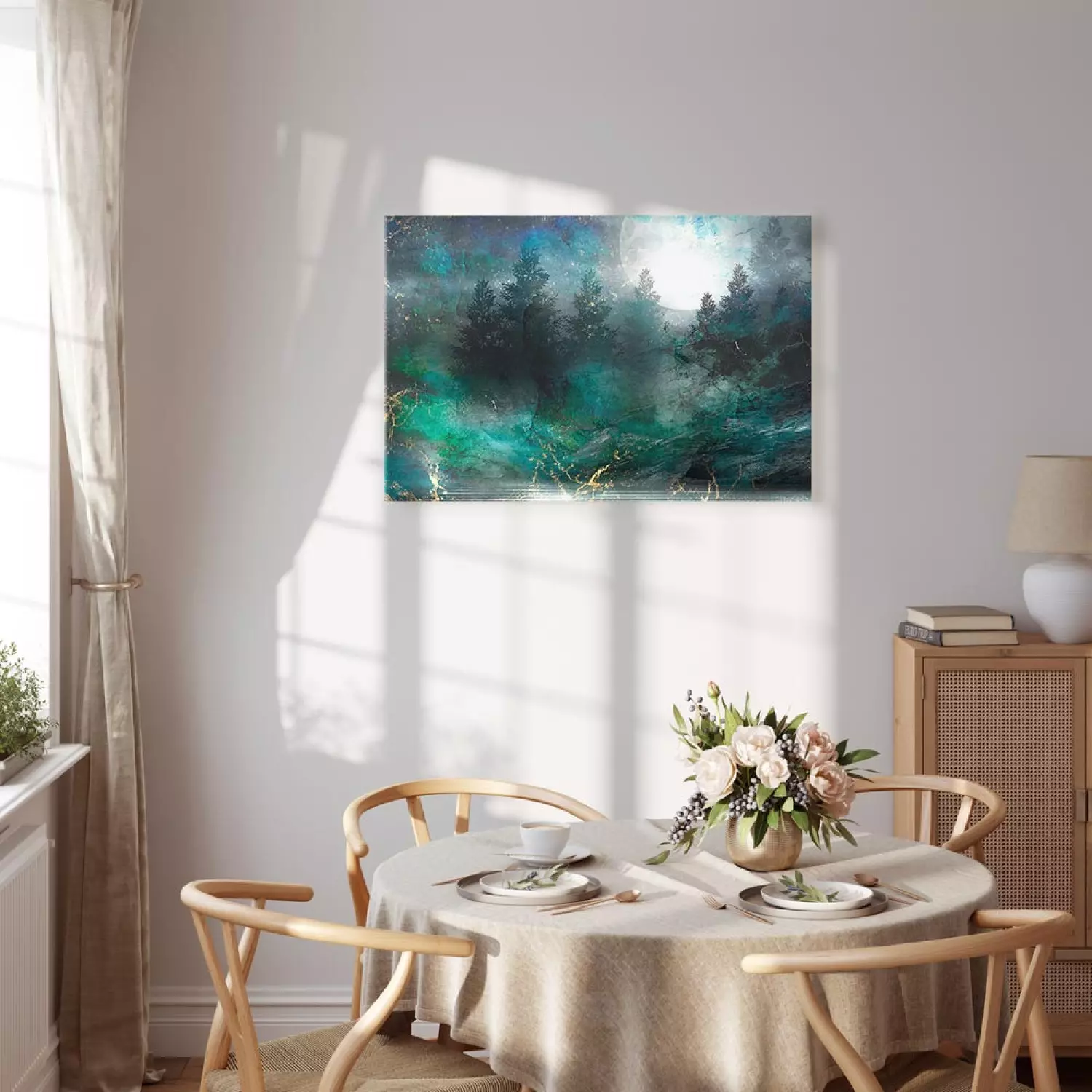 Canvas Art Print Turquoise Fullness Wide - coniferous forest against the moon