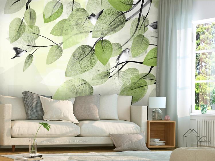Wall Mural Minimalist nature landscape - birds among the leaves of a green tree