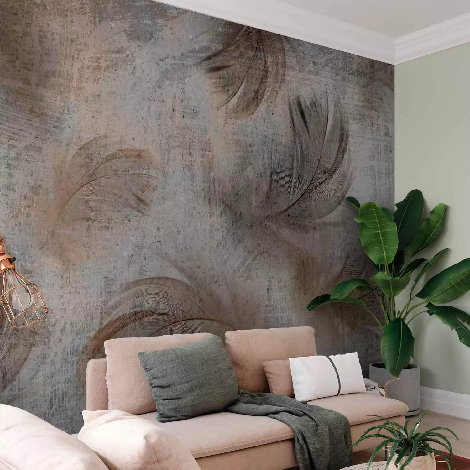 Wall Mural Breeze - bird feather motif on greyish concrete texture