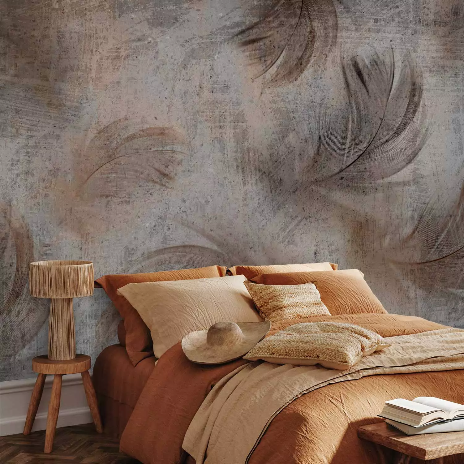 Wall Mural Breeze - bird feather motif on greyish concrete texture