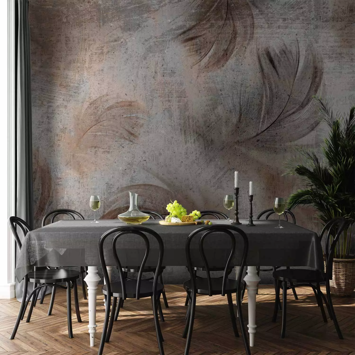 Wall Mural Breeze - bird feather motif on greyish concrete texture