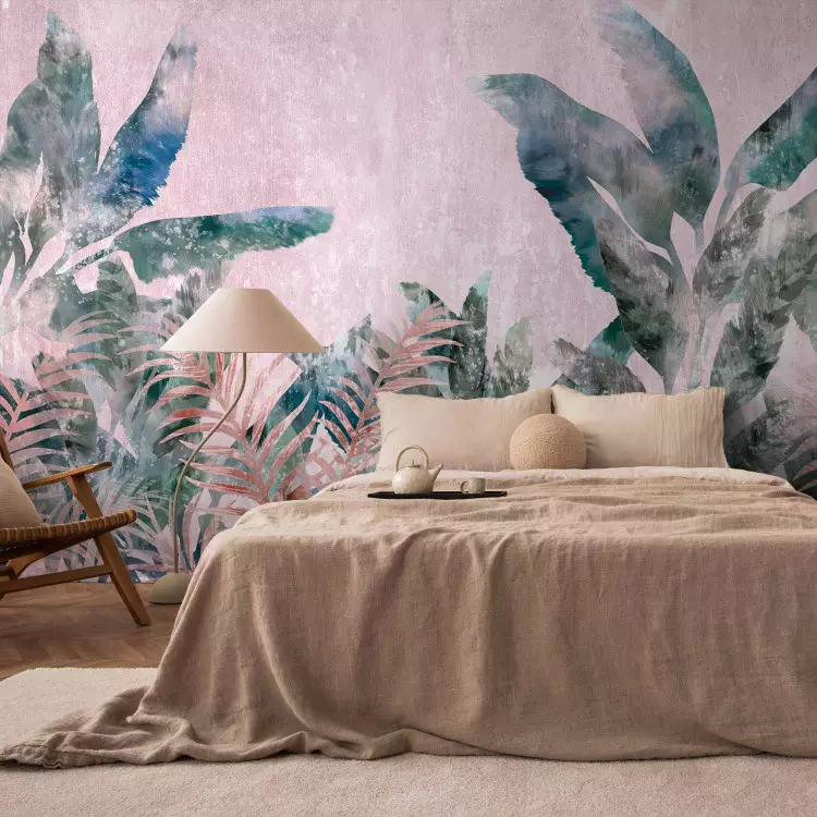 Leafy jungle - painted plant motif in bloom on pink background