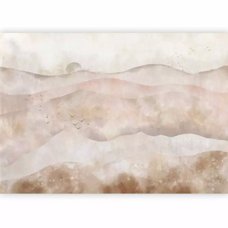 Beige mountain landscape - abstract mountainscape with birds and sunshine