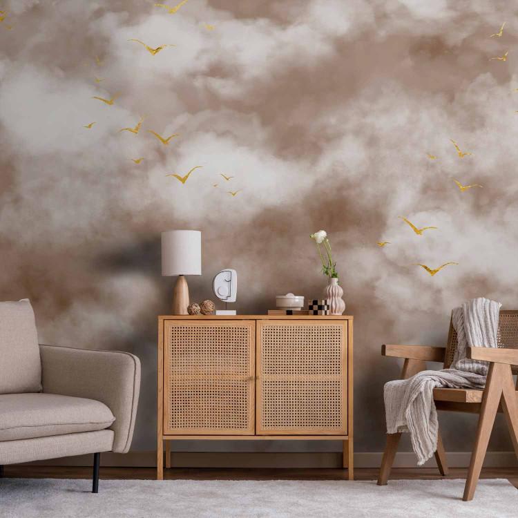 Wall Mural Lightness of wings - pastel sky with clouds and abstract golden birds