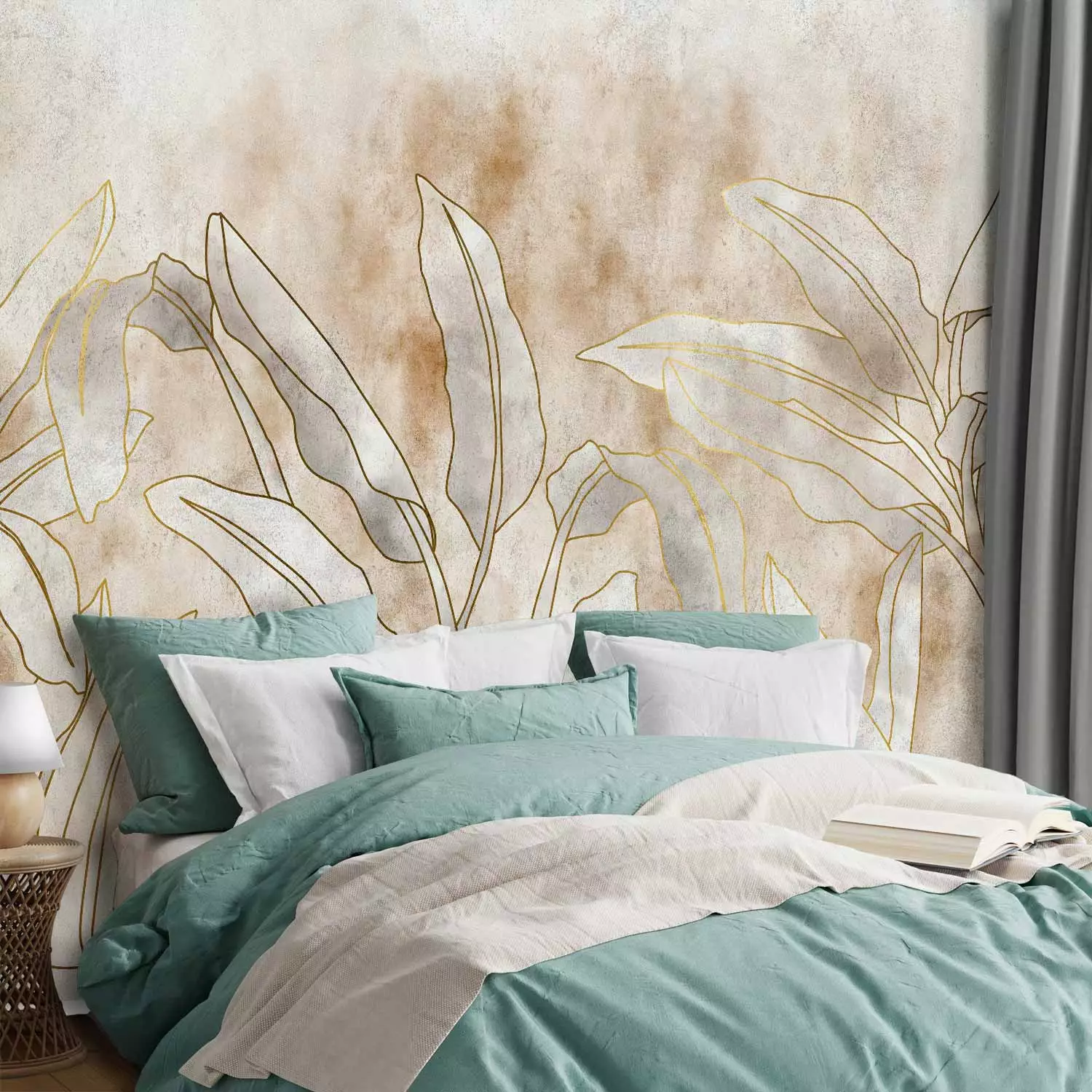 Wall Mural Subtle nature motif - leaves with golden patterns on a watercolour background