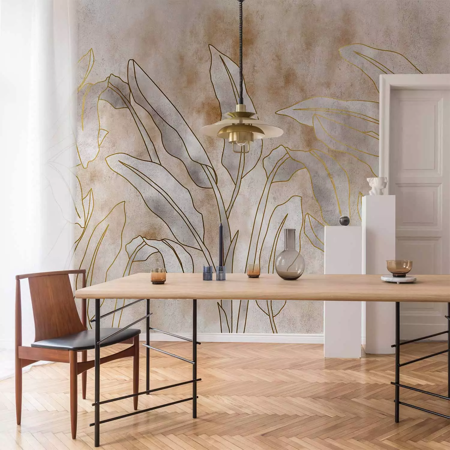 Wall Mural Subtle nature motif - leaves with golden patterns on a watercolour background