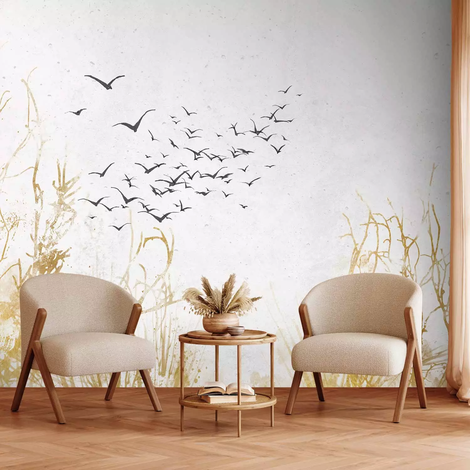 Wall Mural Flying birds - minimalist landscape with golden plant motif