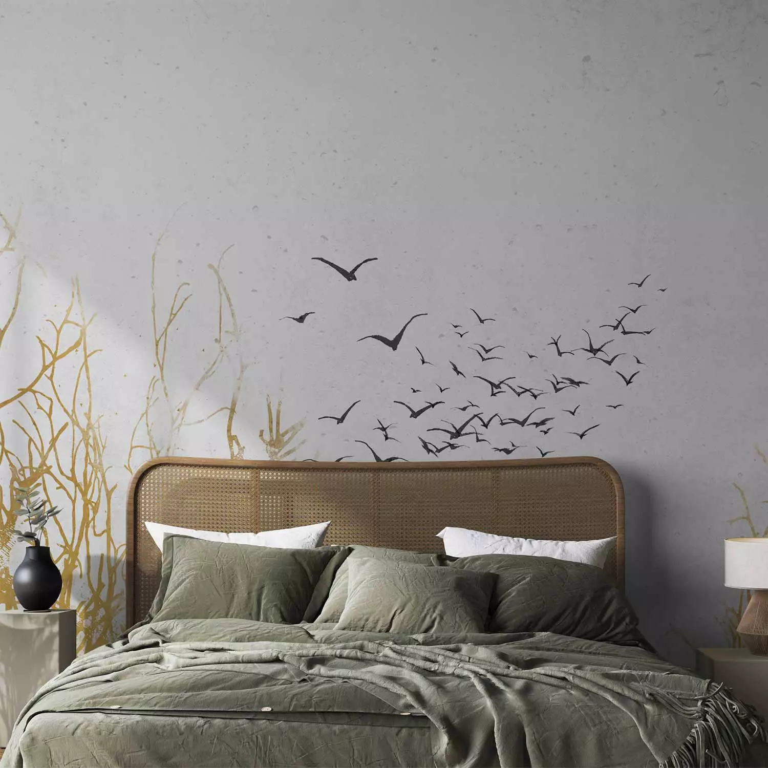 Wall Mural Flying birds - minimalist landscape with golden plant motif
