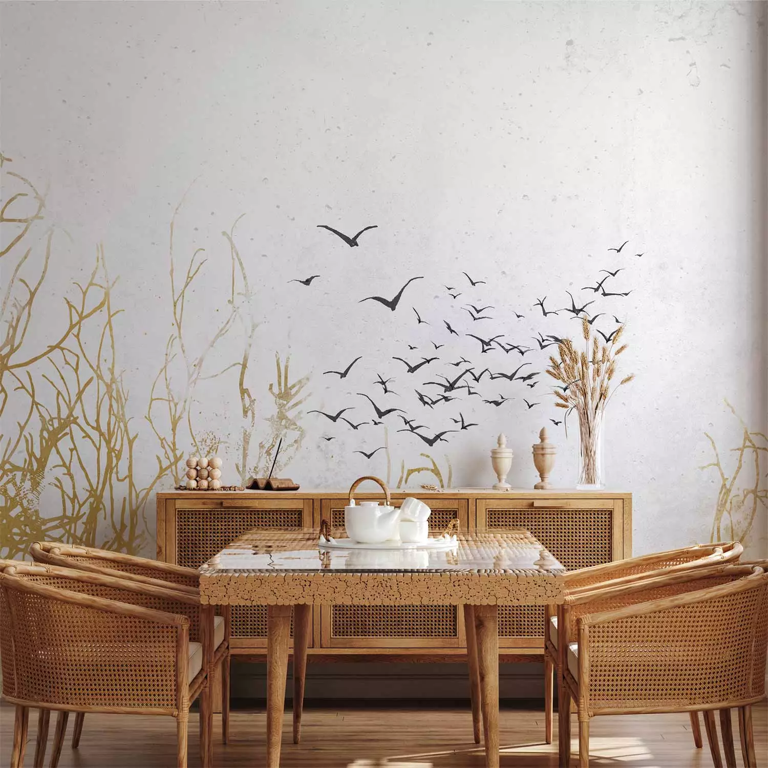 Wall Mural Flying birds - minimalist landscape with golden plant motif