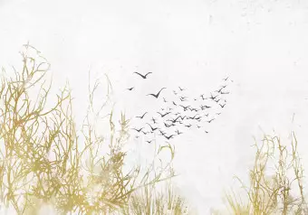 Wall Mural Flying birds - minimalist landscape with golden plant motif Wallpaper Cropper