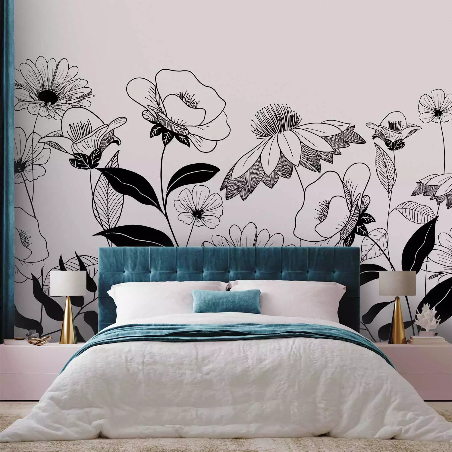 Wall Mural Drawn flowers - plant motif with black flowers on a white background