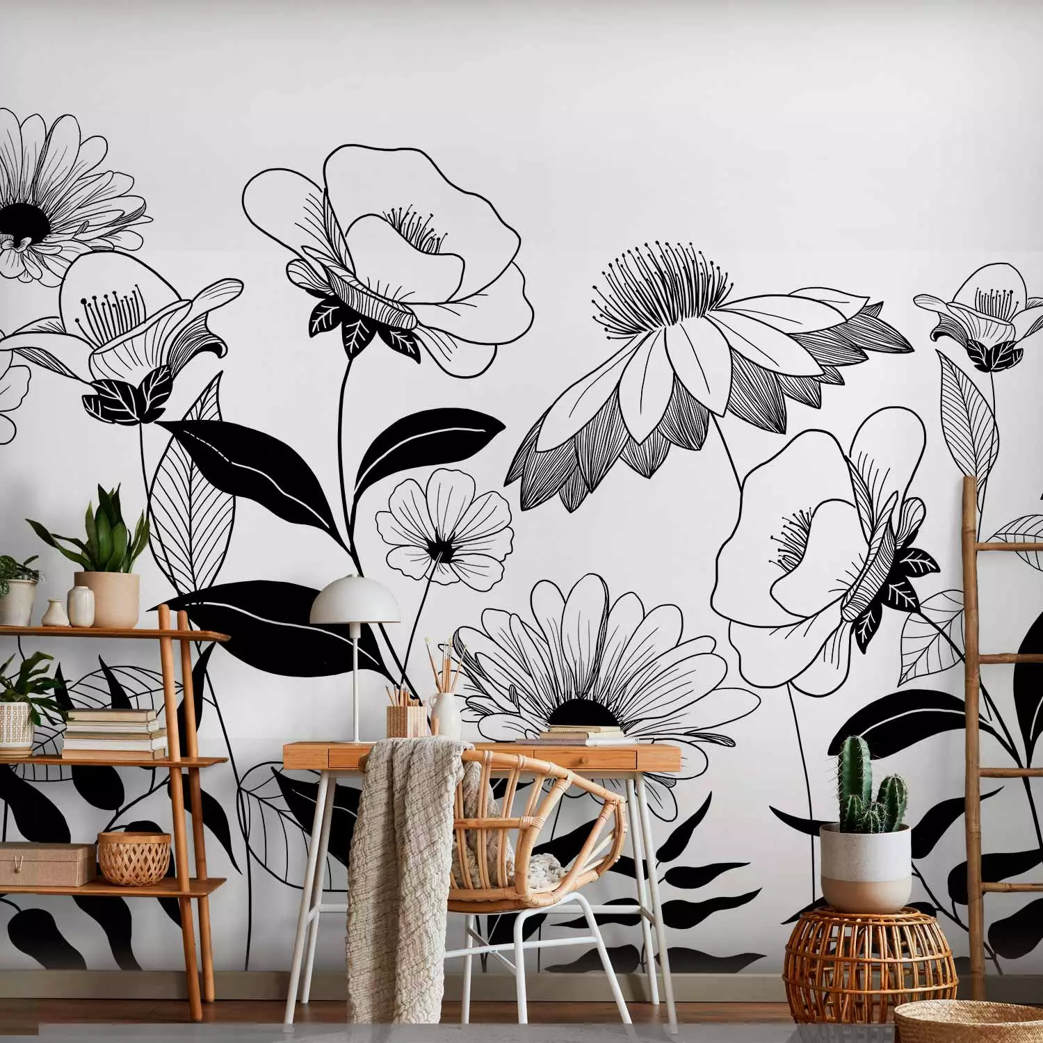 Wall Mural Drawn flowers - plant motif with black flowers on a white background