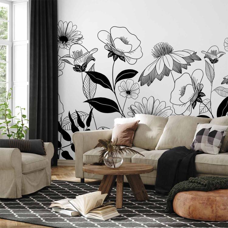 Wall Mural Drawn flowers - plant motif with black flowers on a white background