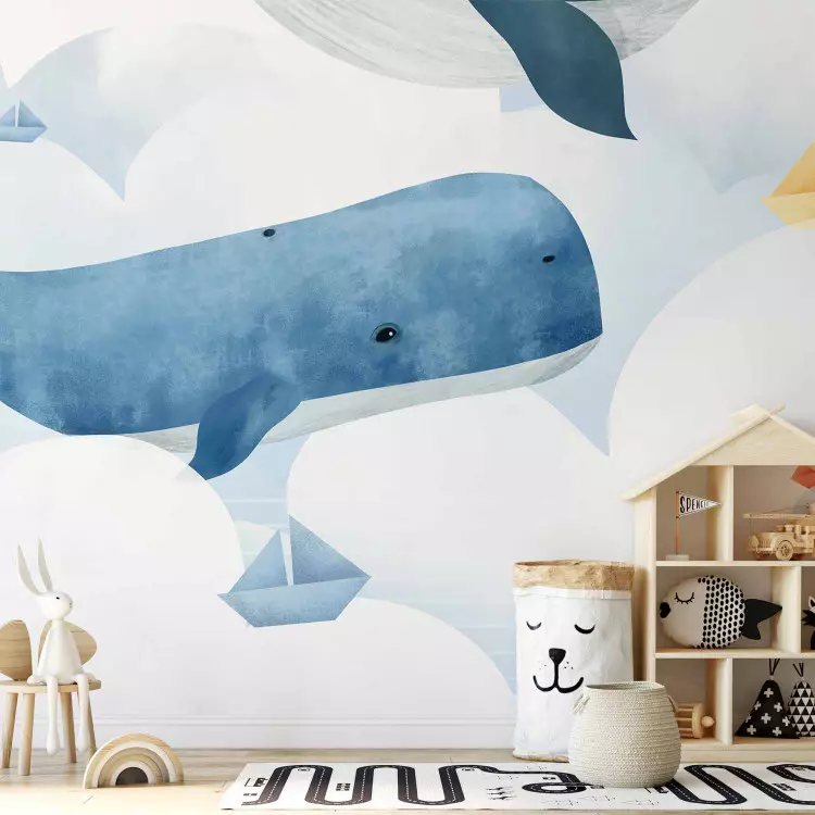 Whales floating in the clouds - Colorful illustration with fish and ships
