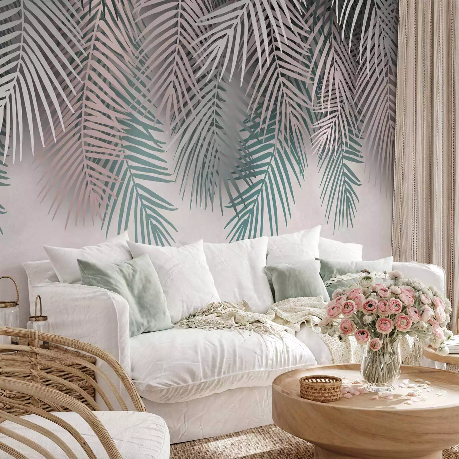 Wall Mural Exotic curtain - minimalist tropical plant motif with leaves
