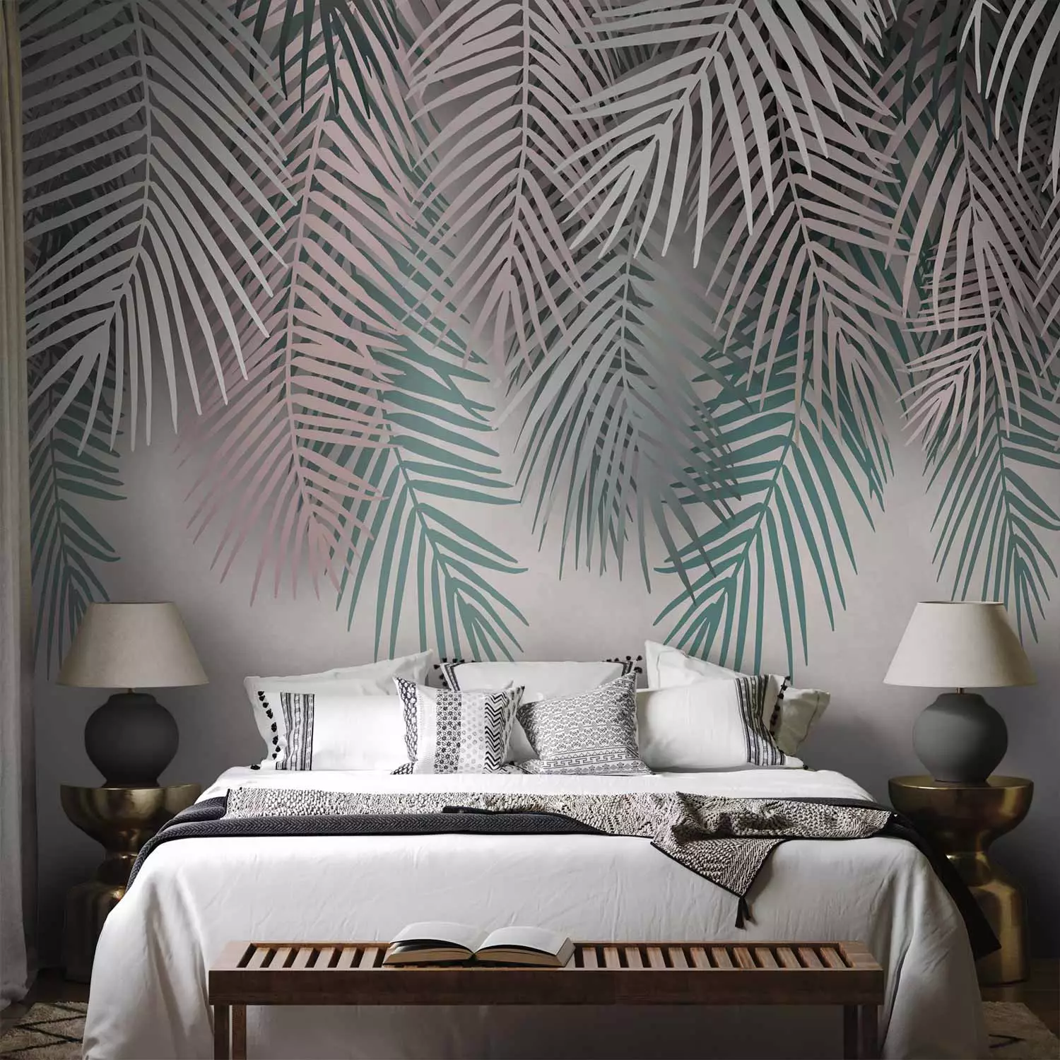 Wall Mural Exotic curtain - minimalist tropical plant motif with leaves