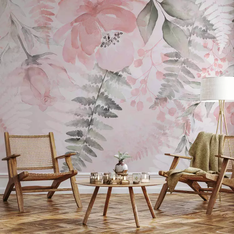 Pink melancholy - motif of various flowers and leaves in watercolour style