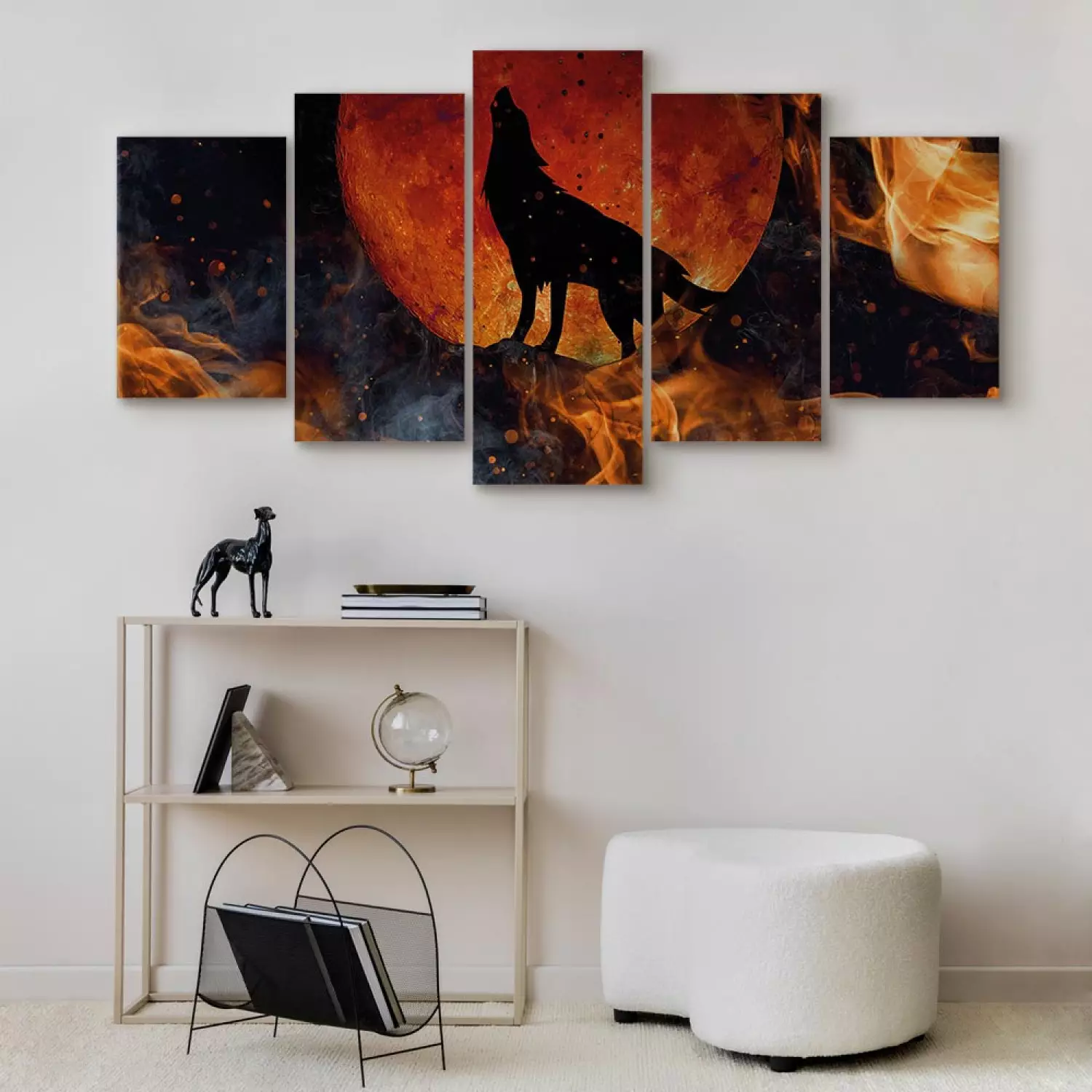Canvas Print Wolf in Fire (5-piece) wide - black animal against moon background
