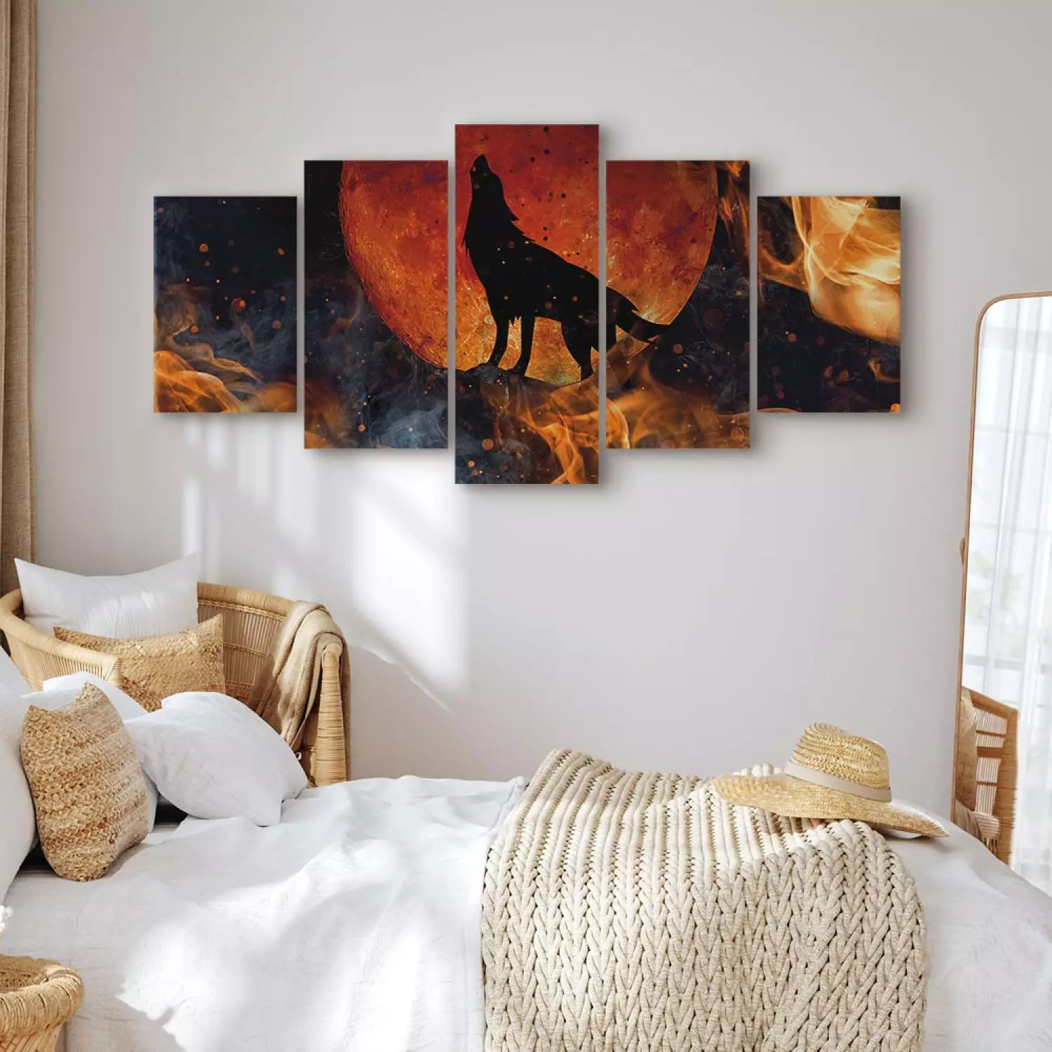 Canvas Print Wolf in Fire (5-piece) wide - black animal against moon background